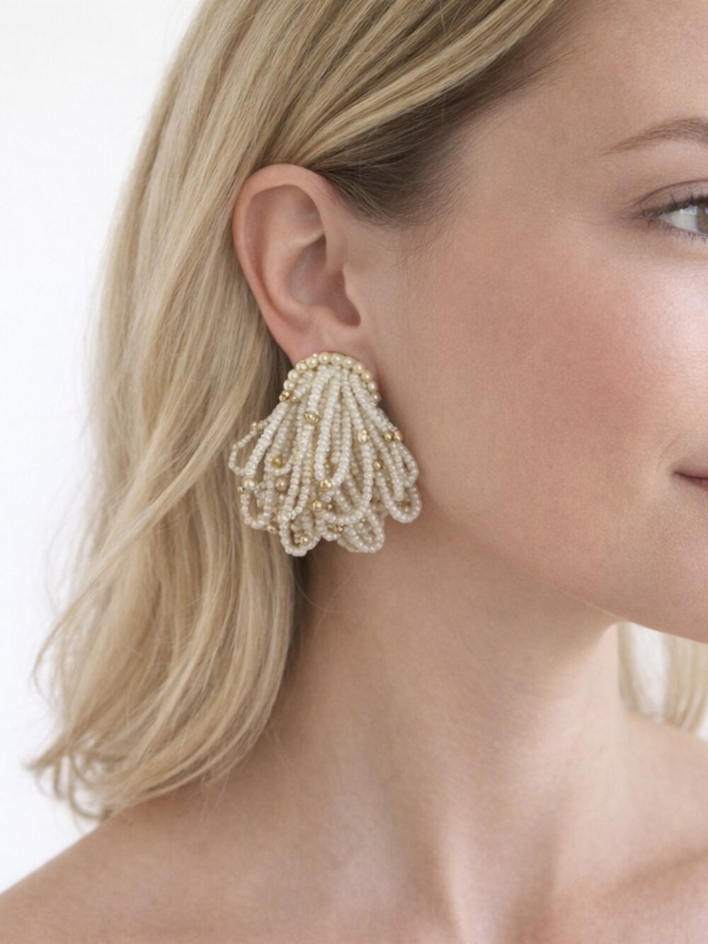 Vintage Pearl Tassel Clip‑On Earrings | Gold Bead Costume Jewelry